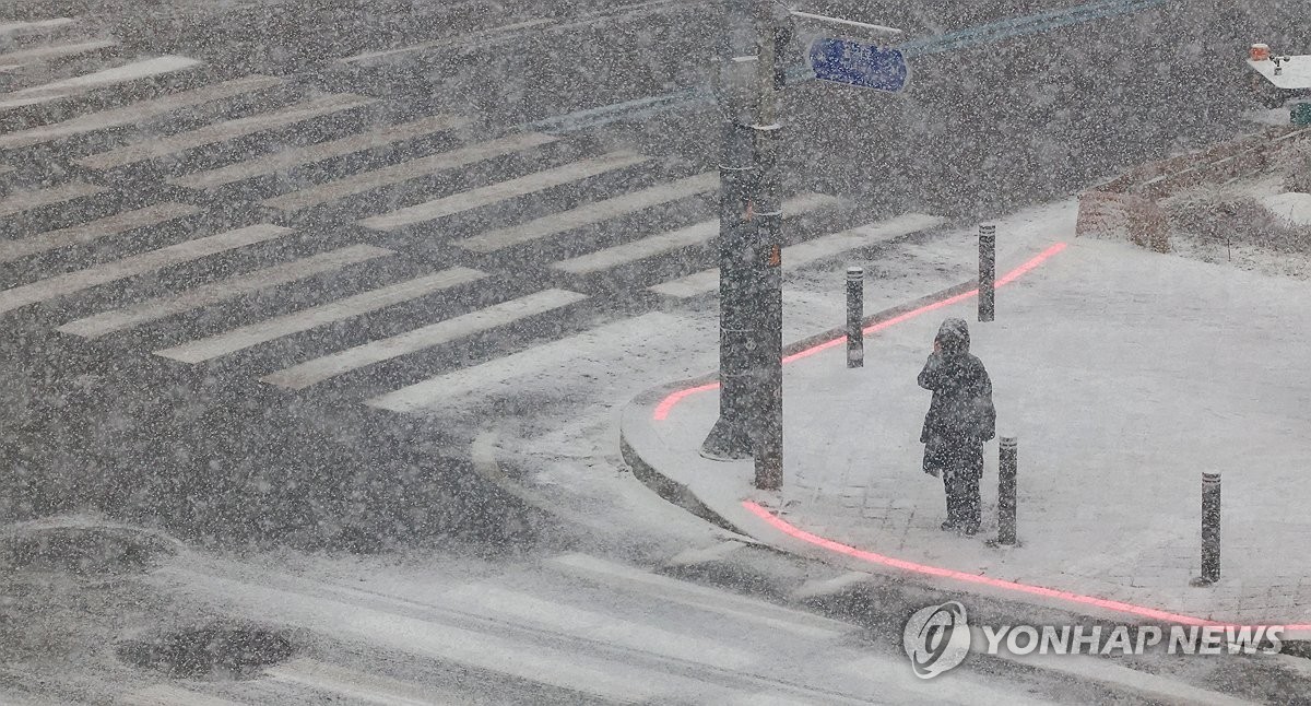 서울 전역에 대설주의보가 발효된 6일 오후 서울 중구 을지로1가 교차로에서 시민이 횡단보도 신호를 기다리고 있다. 2025.2.6