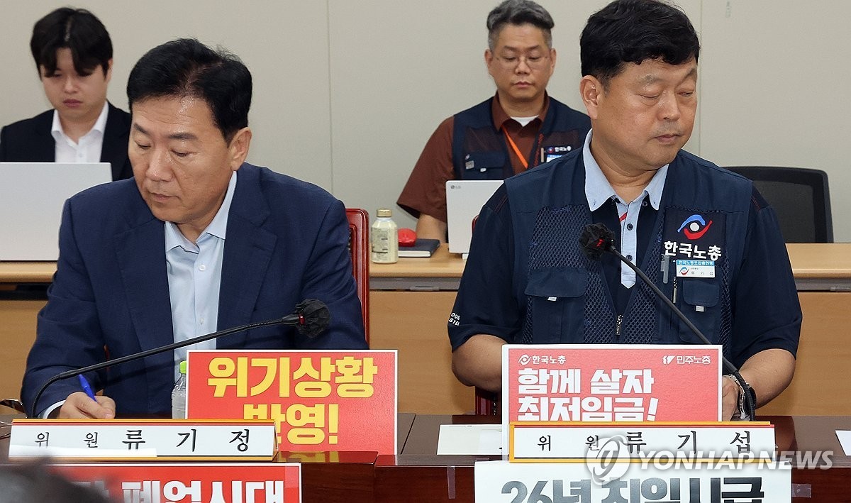 최저임금위원회 사용자위원인 류기정 한국경영자총협회 전무(왼쪽)와 근로자위원 류기섭 한국노총 사무총장이 3일 정부세종청사에서 열린 최저임금위원회 제9차 전원회의에서 나란히 자리하고 있다.