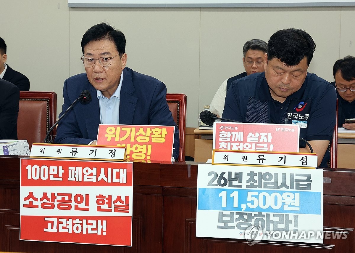 최저임금위원회 사용자위원인 류기정 한국경영자총협회 전무가 8일 정부세종청사에서 열린 최저임금위원회 제10차 전원회의에서 발언하고 있다. 오른쪽은 근로자위원인 류기섭 한국노총 사무총장.