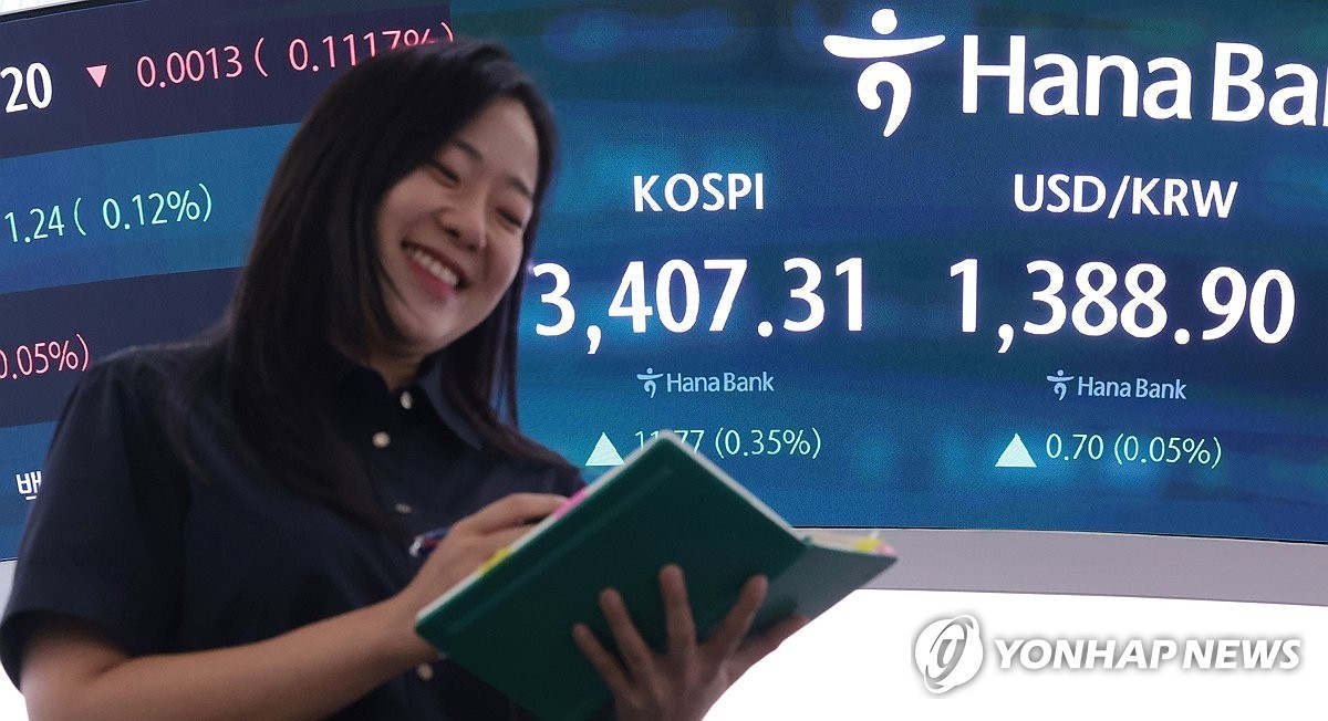  15일 서울 중구 하나은행 딜링룸 현황판에 코스피 지수 등이 표시되고 있다. 이날 코스피 지수는 전 거래일 대비 11.77포인트(0.35%) 오른 3,407.31에, 코스닥은 5.61포인트(0.66%) 오른 852.69에 장을 마감했다. 