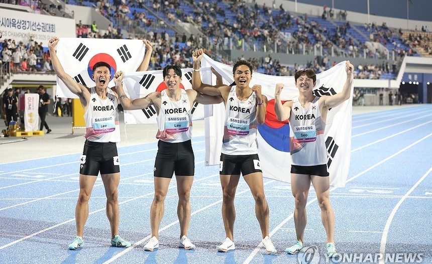 한국 남자 400ｍ 계주, 아시아선수권 첫 금메달…한국·대회 기록 동시 경신